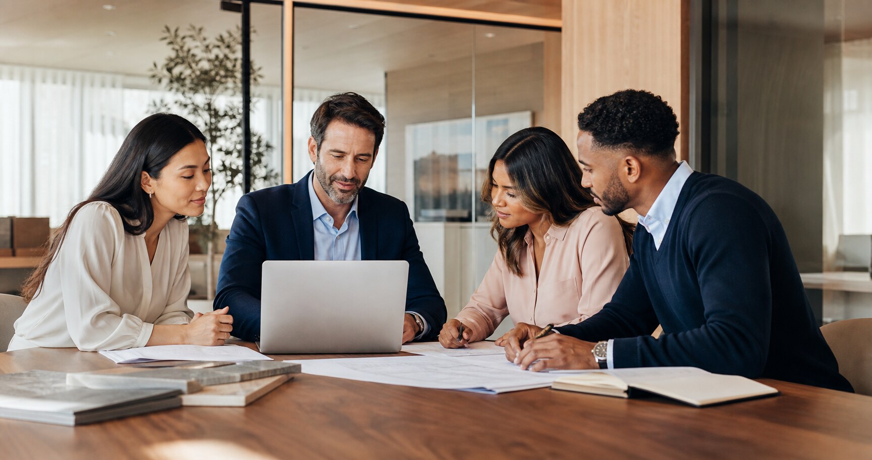 Professional lending specialists collaborating in a modern office
