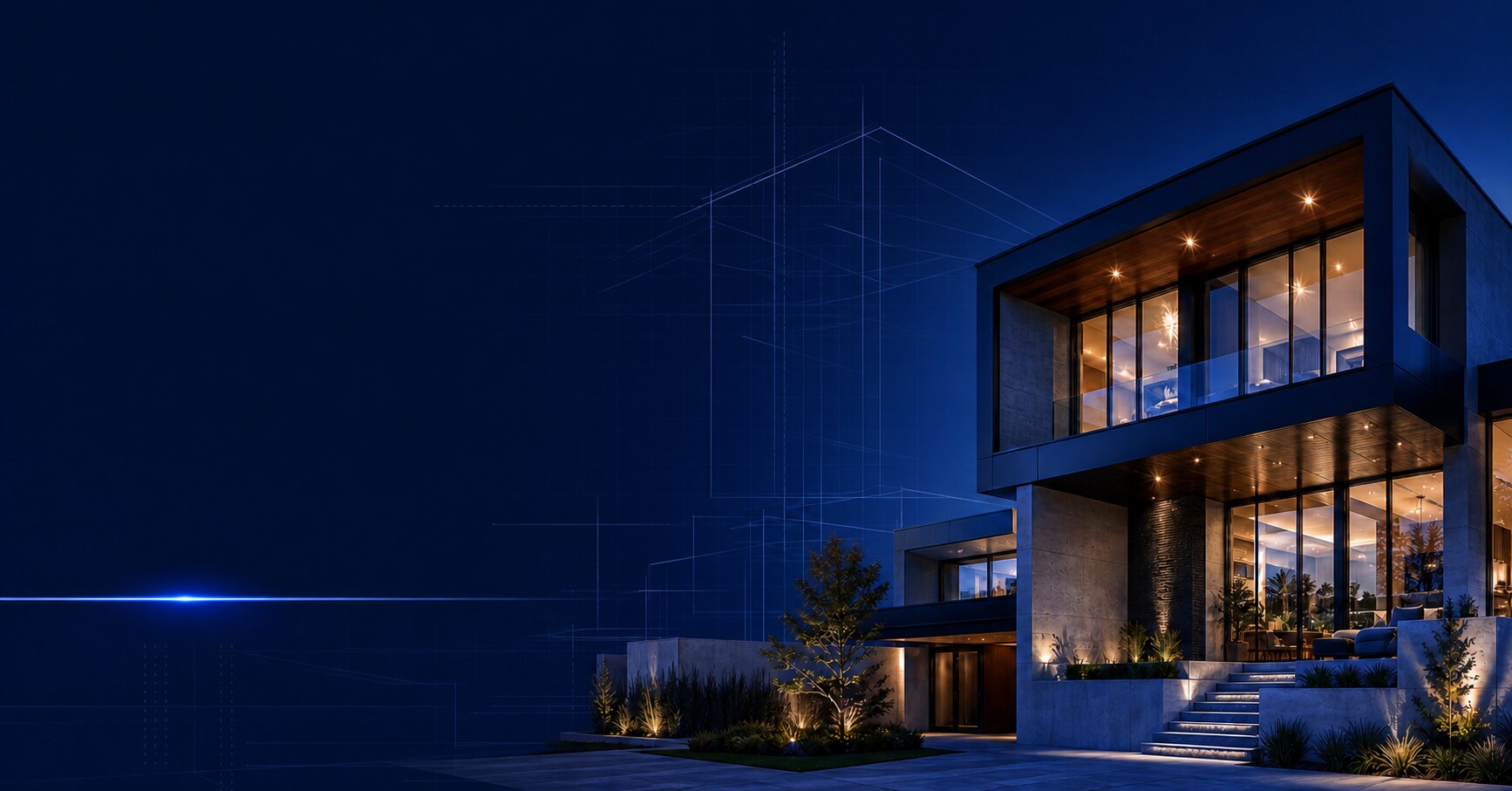Luxury modern investment property with an architectural blueprint overlay